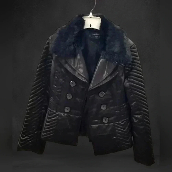 Bebe black Satin Quilted Pea Coat with fur collar Women's Size S - Picture 4 of 17
